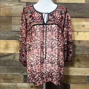 CB Established 1962, Womens Brown Bohemian Print Blouse Size Medium Front Tie